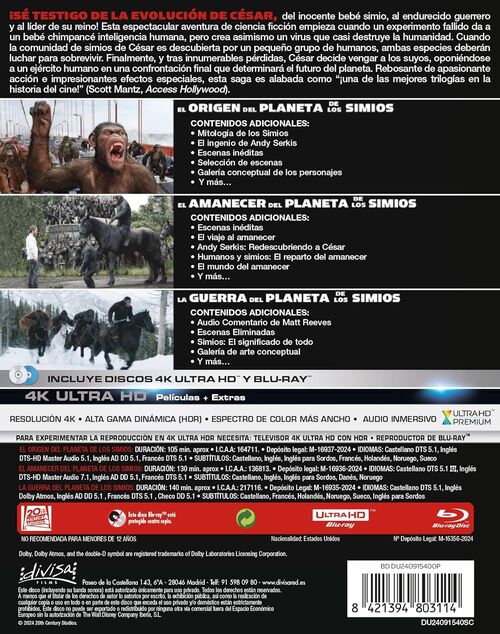 Pack El Planeta De Los Simios - 3 películas (2011-2017)